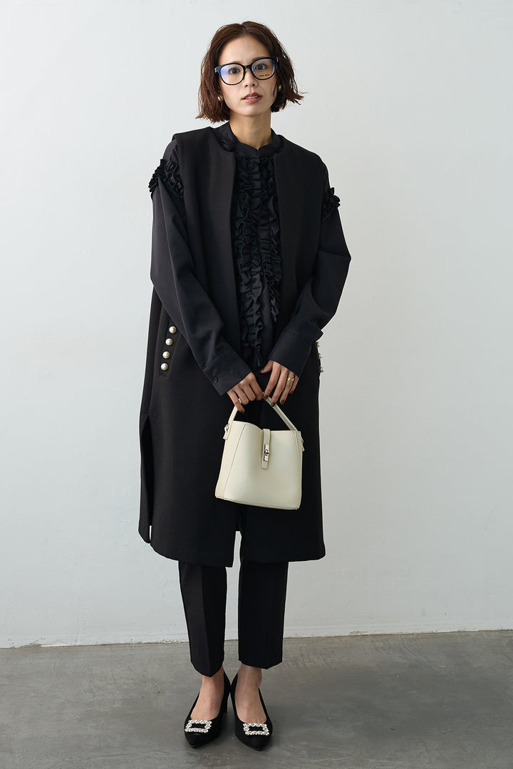 [予約/SET]Iラインフリルホイップブラウス+ポケットパール付きボンディングロングベスト(2set)