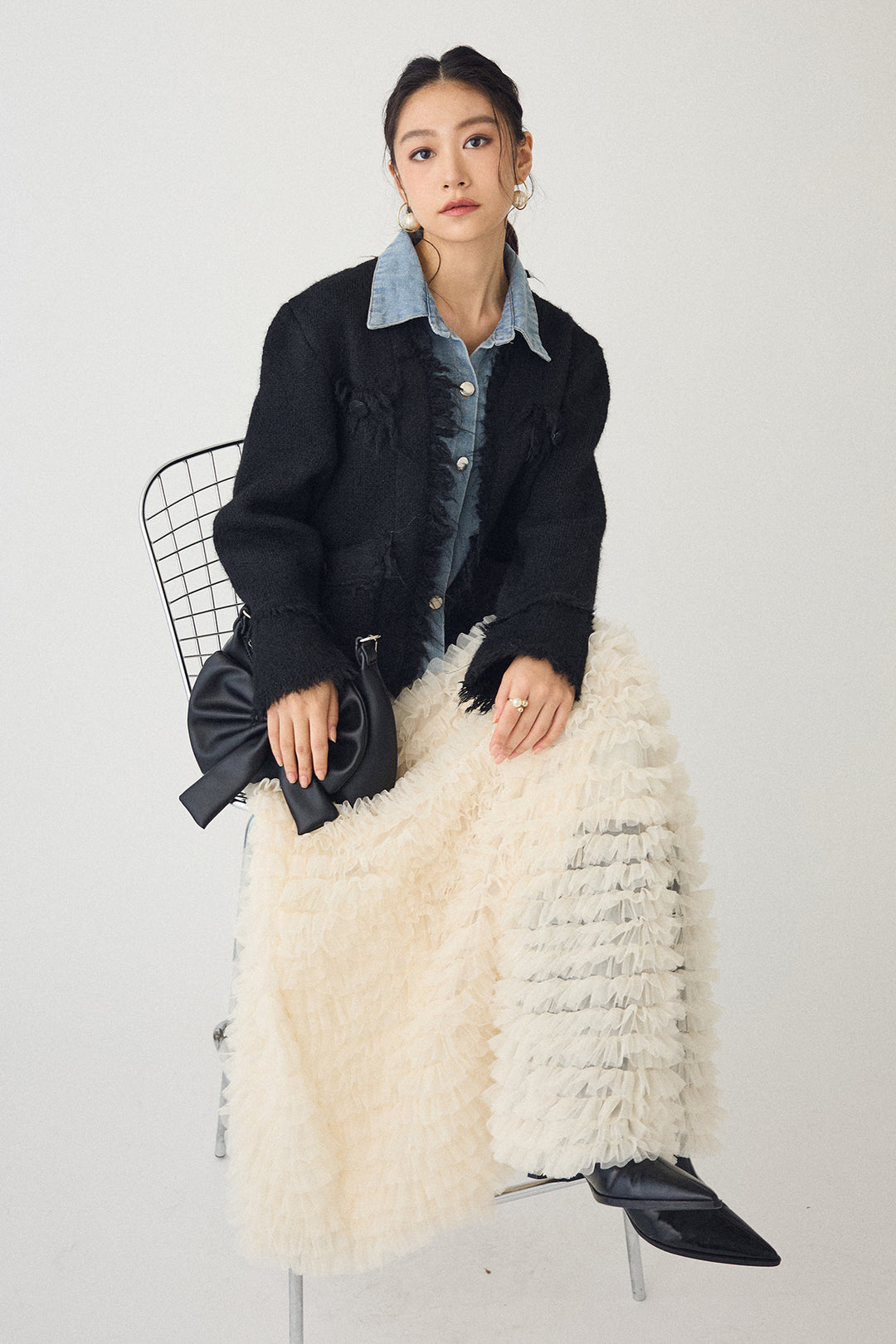 [予約/SET]デニムシャツドッキングツイードカーデ+ホイップチュールティアードスカート(2set)