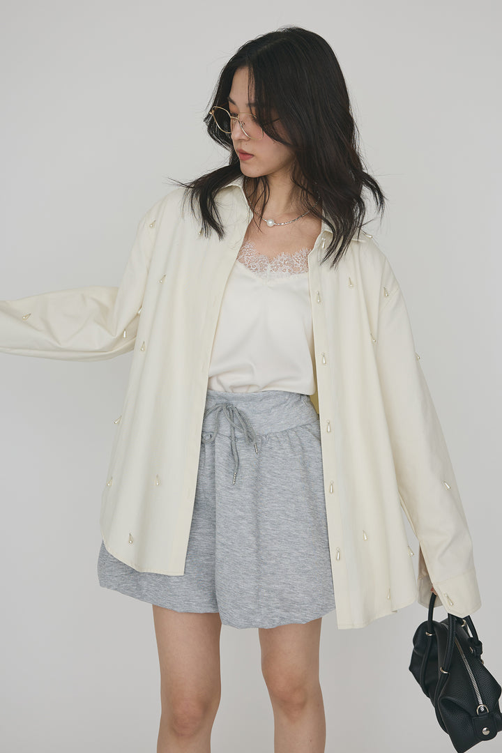 [予約/SET]雫パールデザインオーバーシャツ+スウェットバルーンスカート(2set)