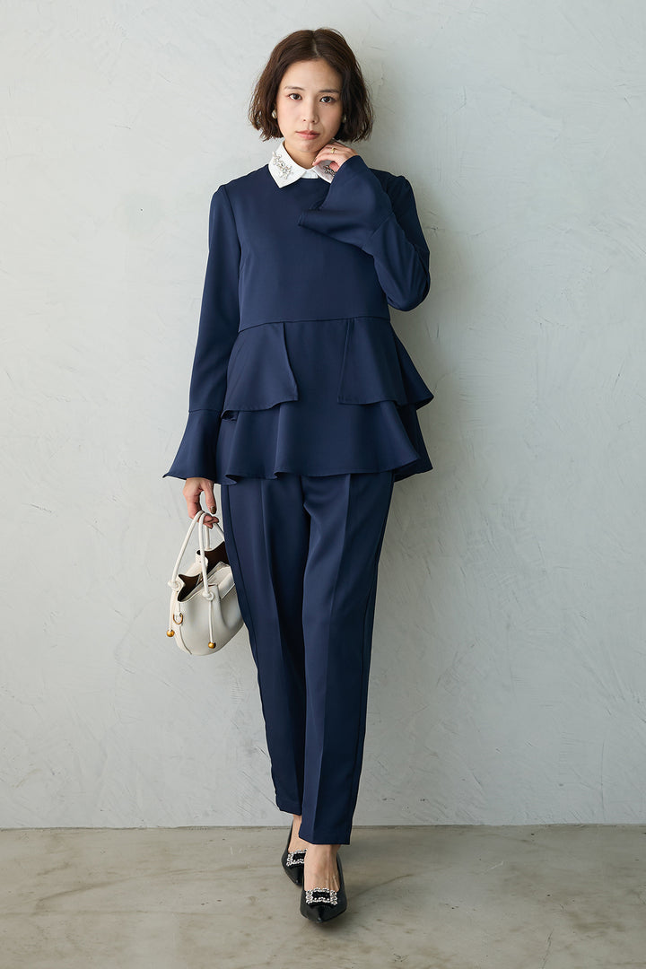 [予約]ウエストサテン切替テーパードパンツ