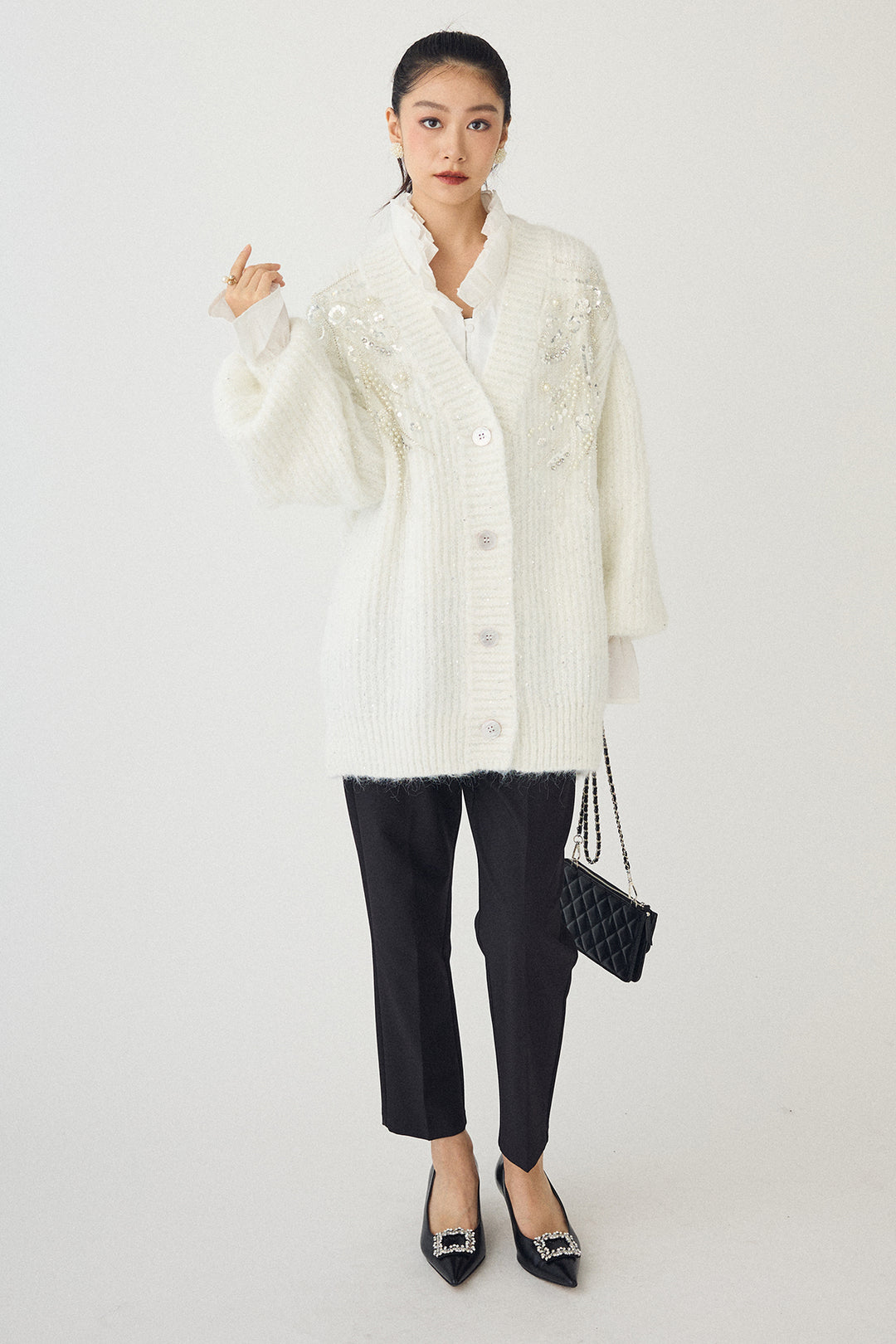 [予約/SET]ビーズフラワースパンコールシャイニーニットカーデ+タックテーパードパンツ(2set)