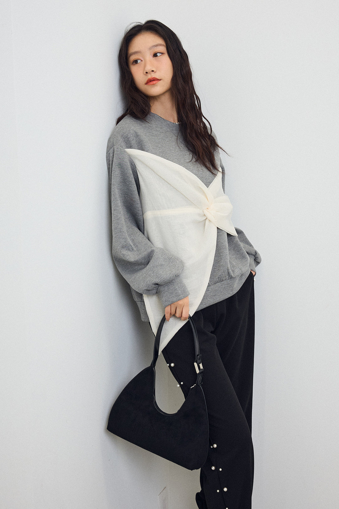 [予約/SET]オーガンジーBIGリボンプルオーバー+サイドパール裾タックジョガーパンツ(2set)