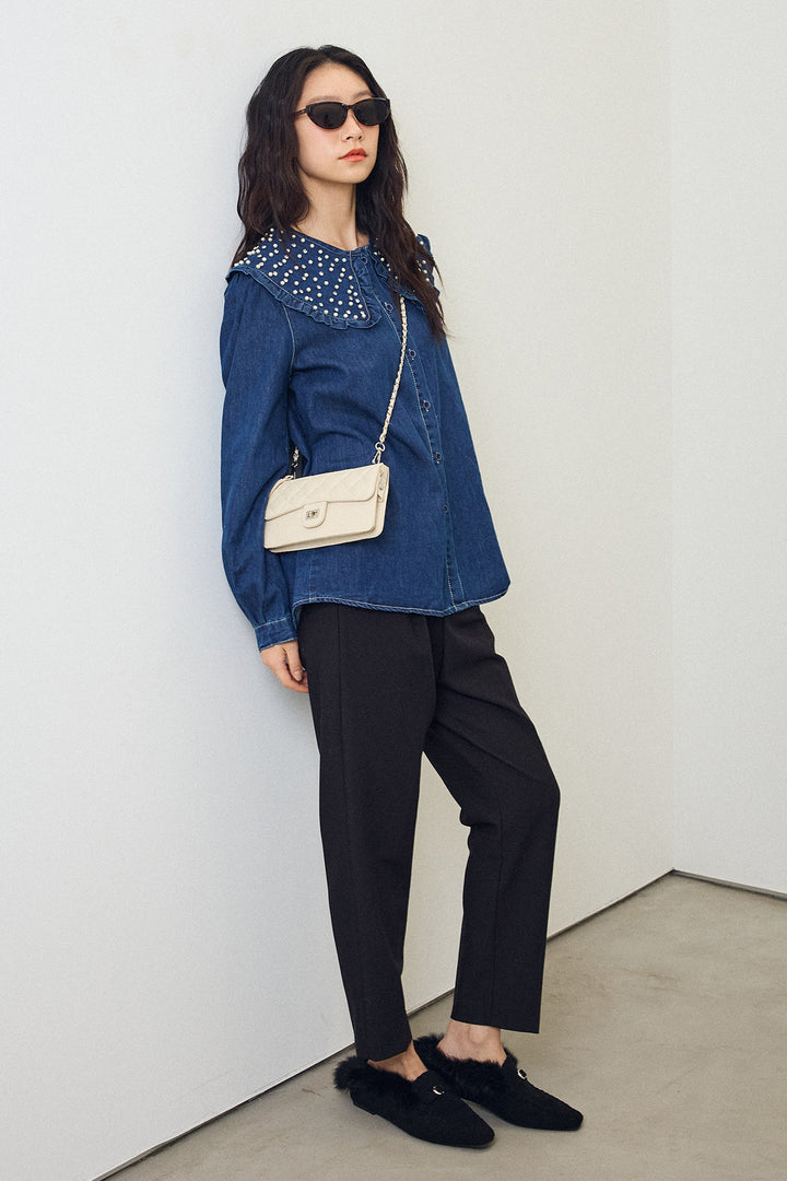 [予約/SET]パールBIGカラーデニムシャツ+タックテーパードパンツ(2set)