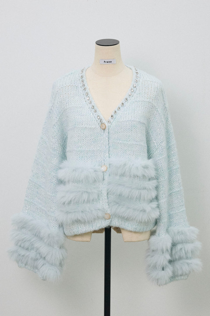 [予約]ネックビジューラインファーニットカーデ