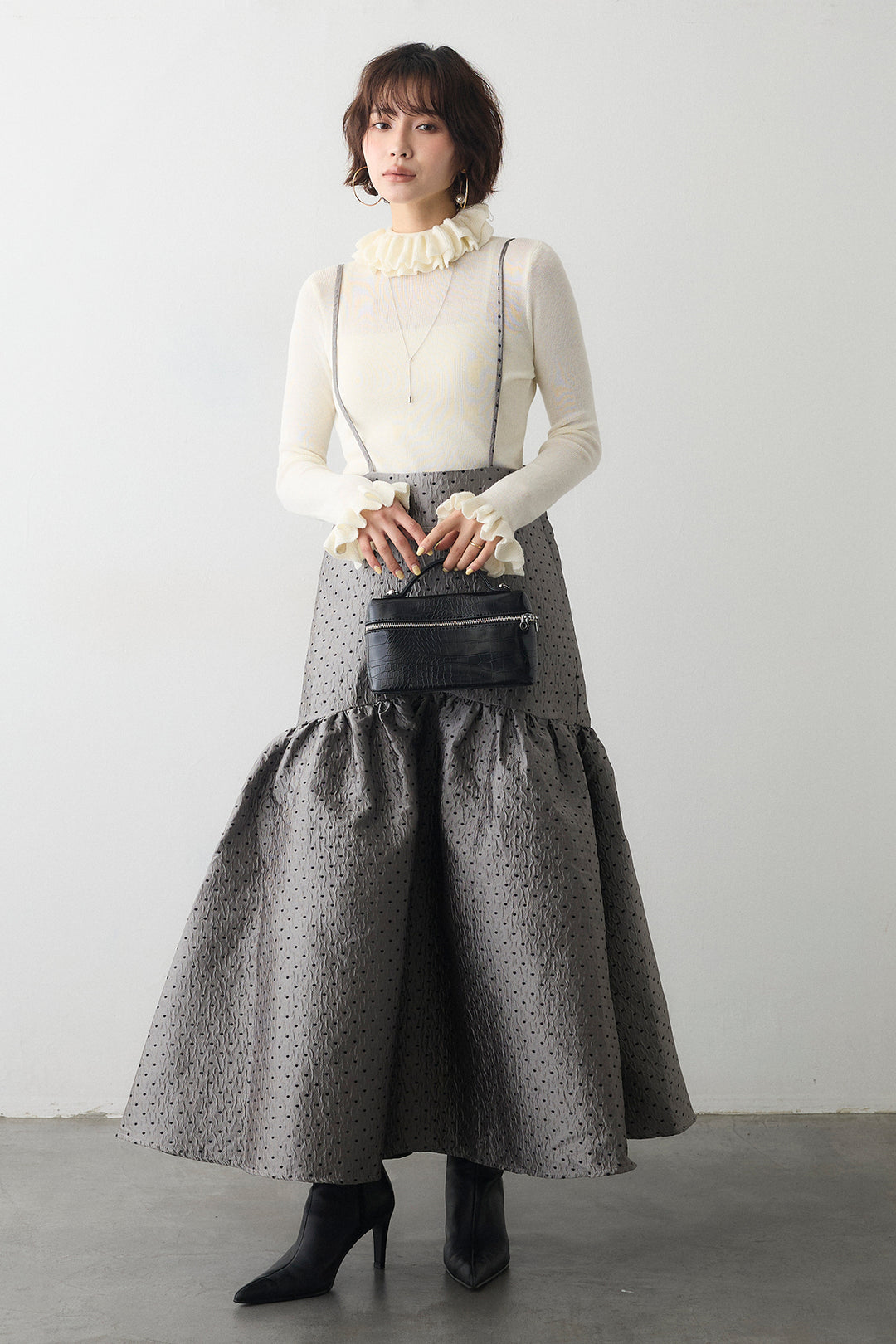 [予約/SET]ダブルフリルカラーニットプルオーバー+ドットジャガードギャザーフレアスカート(2set)