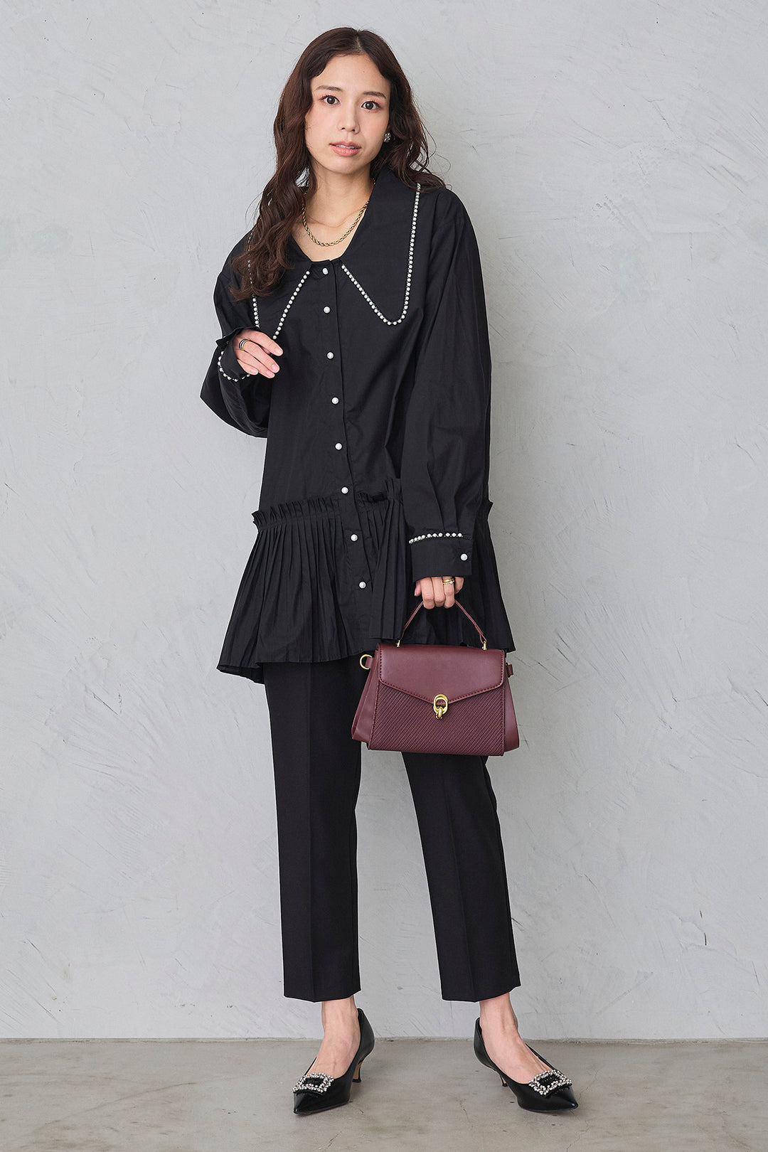 [予約/SET]パールライン襟×プリーツシャツ+タックテーパードパンツ(2set)