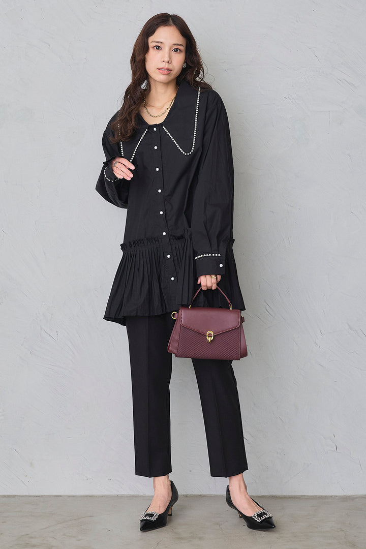 [予約/SET]パールライン襟×プリーツシャツ+タックテーパードパンツ(2set)