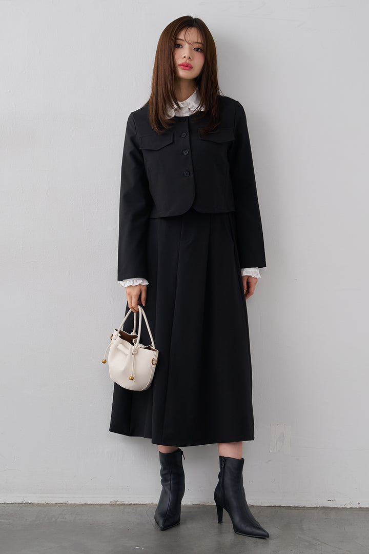 [予約/SET]ミニフリル襟ボリュームスリーブブラウス+ノーカラークロップドジャケットスカートセット(2set)