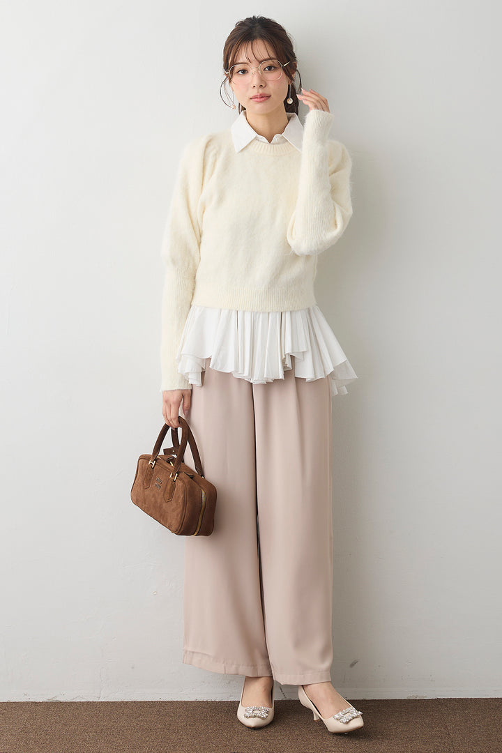 [予約/SET]モヘアパフスリーブプルオーバー+パネルフレアヘムシャツ+とろみドロストワイドパンツ(3set)