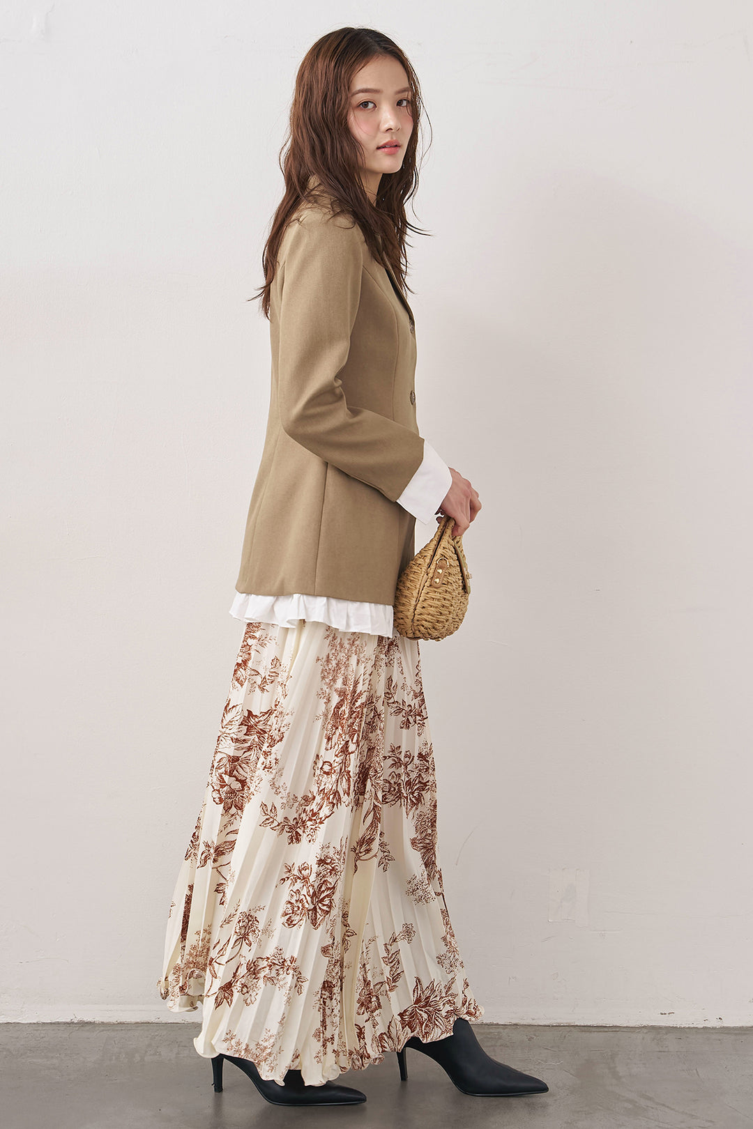 [予約/SET]プリンセスラインフリルドッキングジャケット+モノトーントワル柄プリーツスカート(2set)