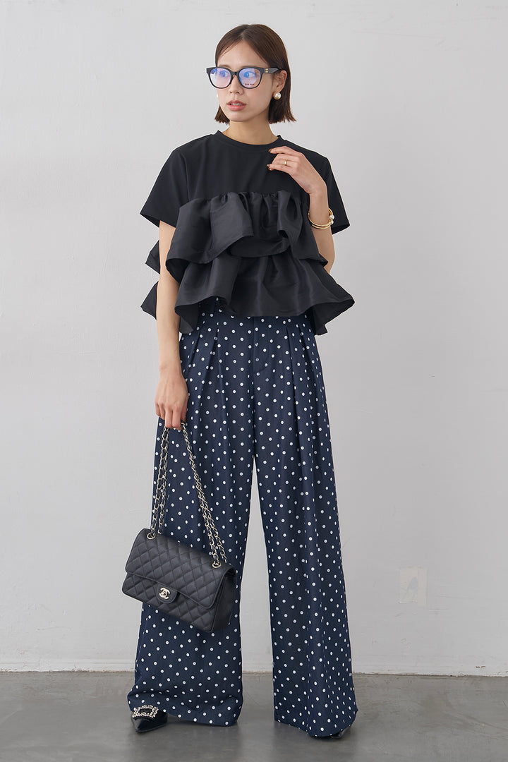 [予約/SET]ナイロンフリルドッキングTシャツ+ハイウエストドットデニムパンツ(2set)