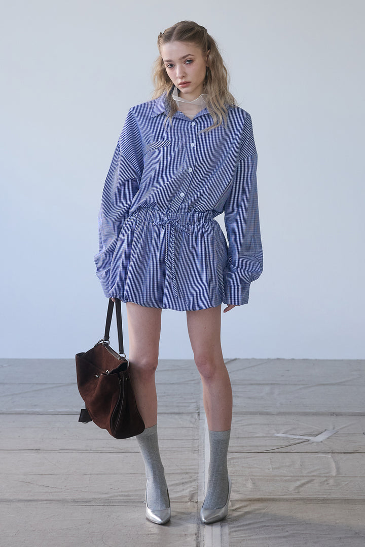 [予約/SET]ハイネックシアーフリルヘムトップス+ギンガムチェックバルーンミニボトムセットアップ(2set)