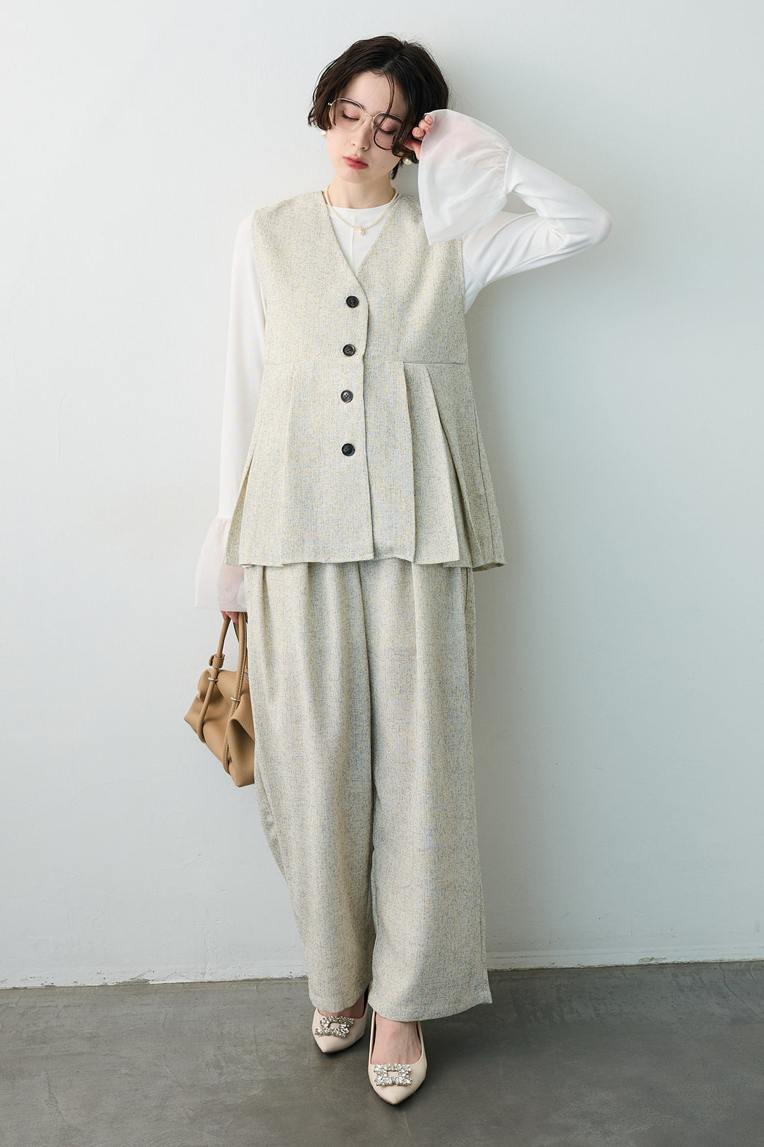 [予約/SET]サマーツイードボックスプリーツベスト+サマーツイードウエストラインタックパンツ(2set)