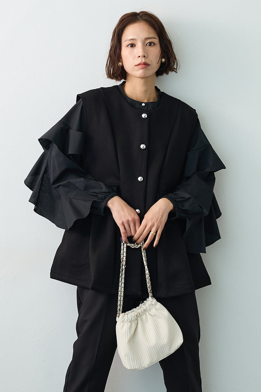 [予約/SET]ティアードフリルスリーブパールボタンブラウス+ペプラムラインシルバーボタンジレ(2set)