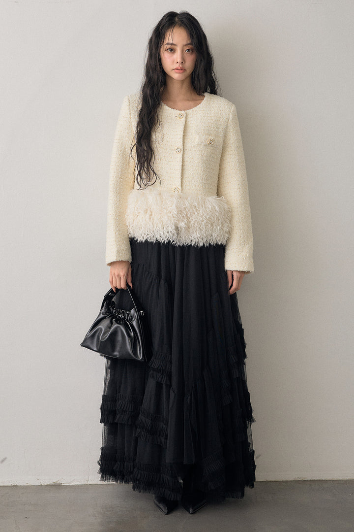 [予約/SET]中綿ツイードロングファードッキングジャケット+フェアリードレープチュールスカート(2set)