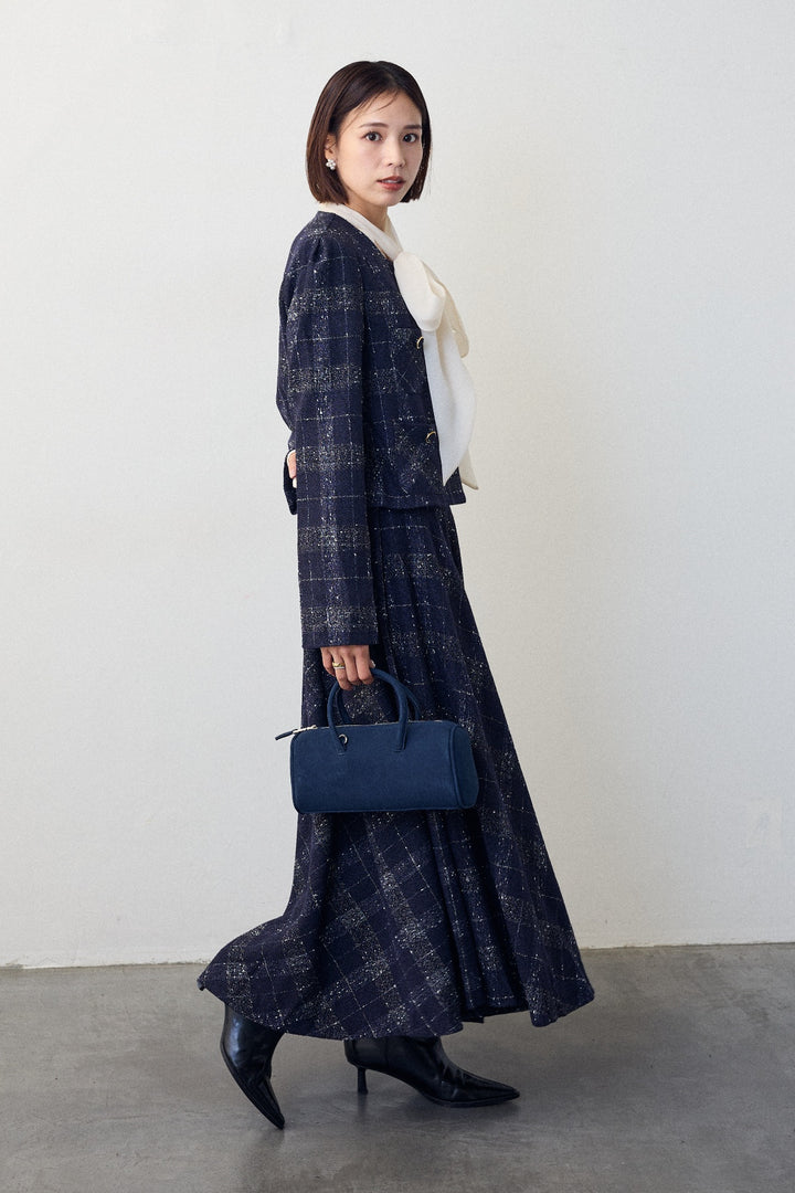 [予約/SET]前後2wayリボンシアーブラウス+ツイードチェックセミフレアスカートセットアップ(2set)