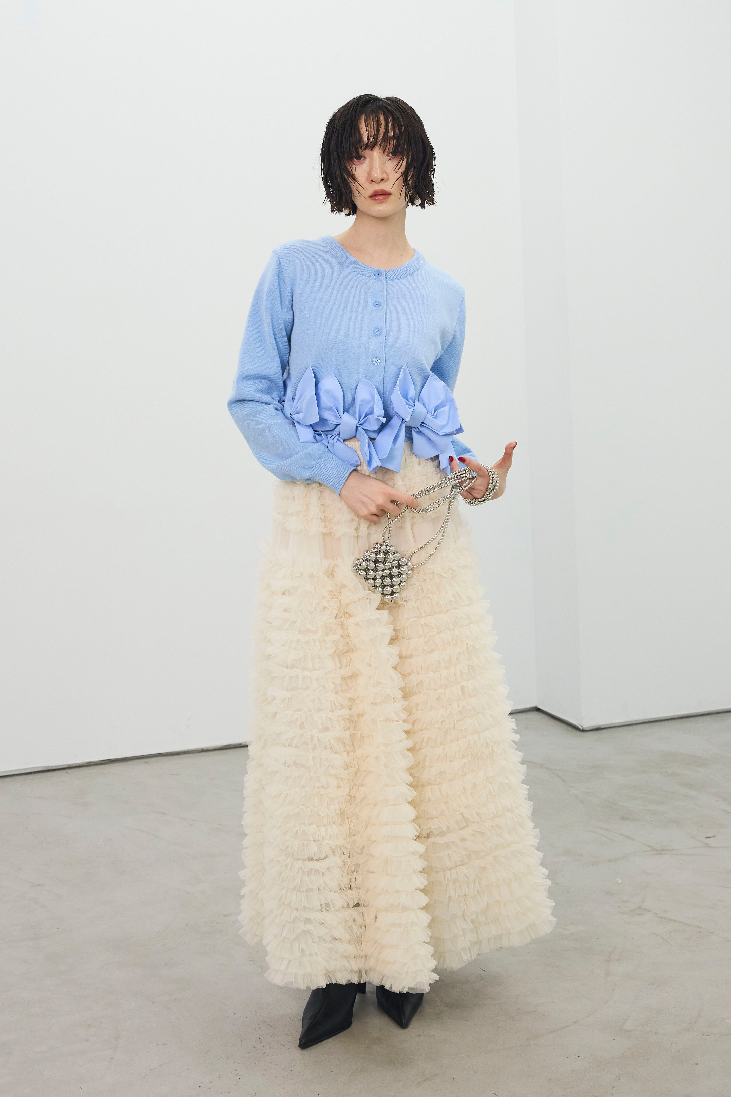 予約/SET]ヘムリボンデザインショートカーデ+ホイップチュール