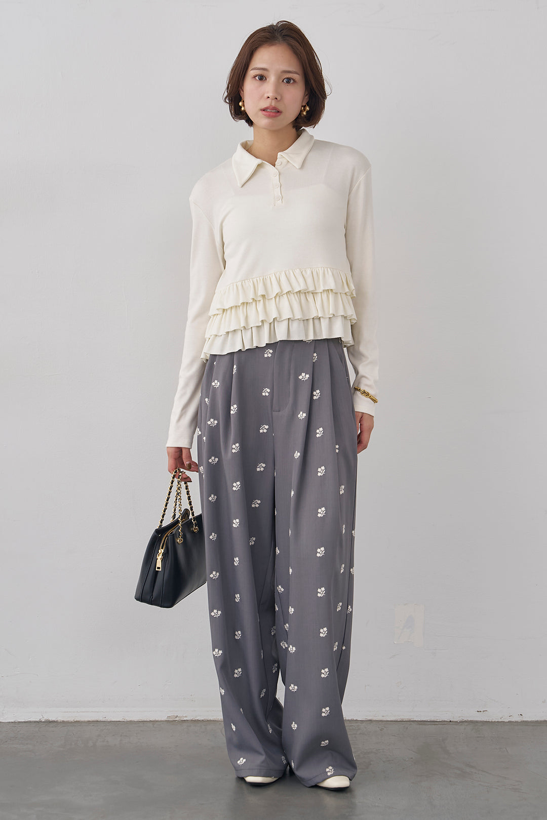 [予約]フラワー刺繍ツイルストレートパンツ