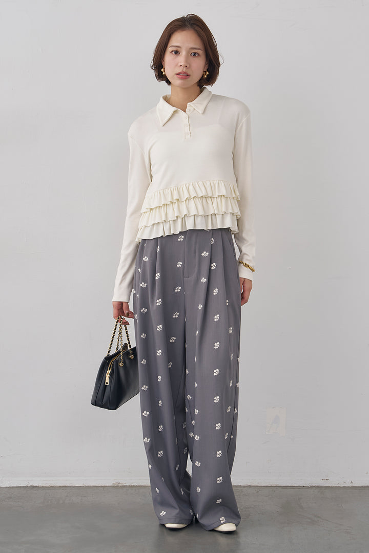 [予約]フラワー刺繍ツイルストレートパンツ