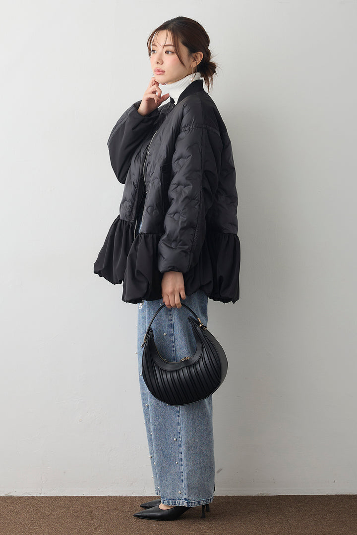 [予約/SET]ベーシックリブタートルニット+ヘムギャザードットキルティング中綿フレアコート+パールスタッズストレートハイウエストデニム(3set)