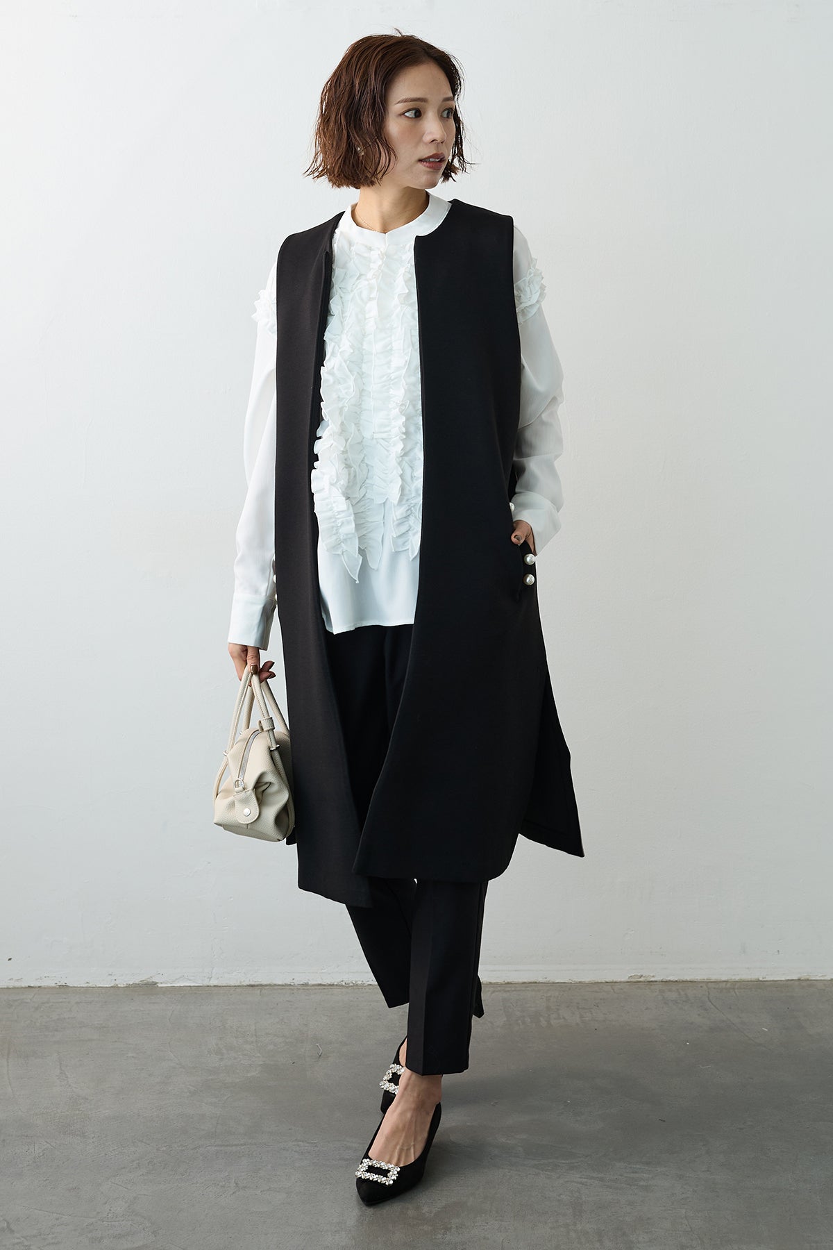 予約/SET]Iラインフリルホイップブラウス+ポケットパール付き