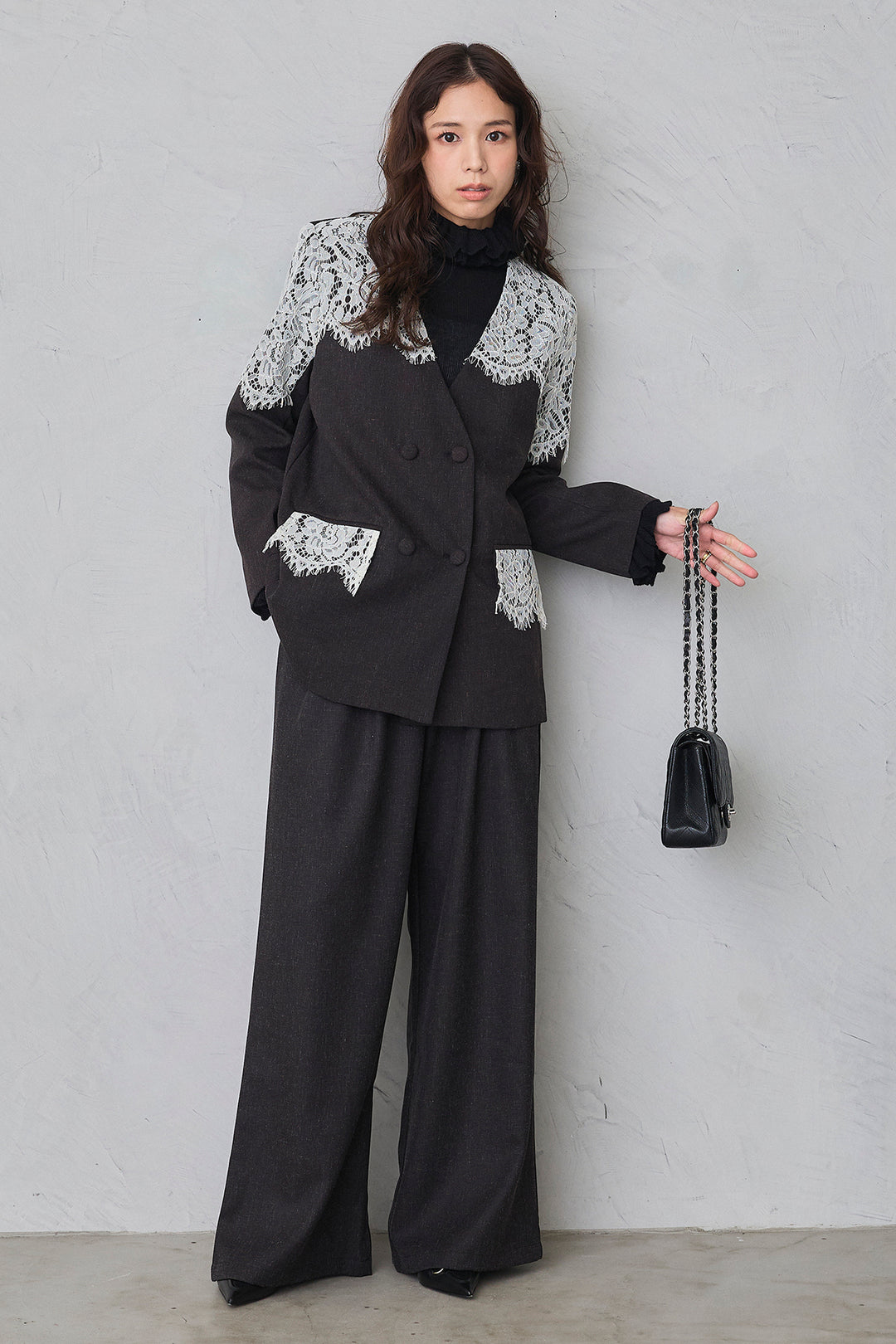 [予約/SET]ダブルフリルカラーニットプルオーバー+ショルダーレースデザインジャケット+ライトツイードタックパンツ(3set)