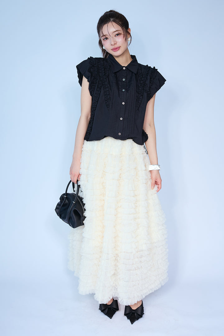 [予約]ミックスフリルピンタックサイドドロストブラウス
