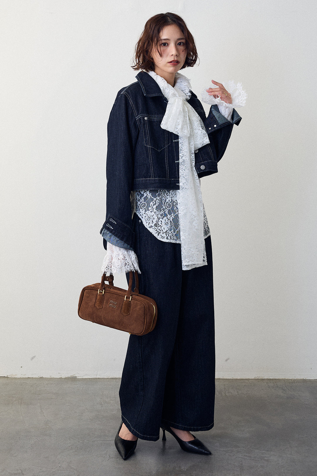[予約/SET]クラシカルレースボウタイブラウス+クロップドデニムセットアップ(2set)