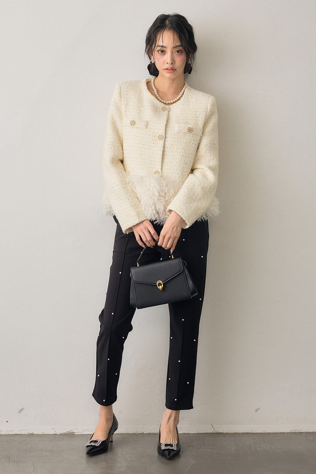 [予約/SET]中綿ツイードロングファードッキングジャケット+センターシームランダムパールパンツ(2set)