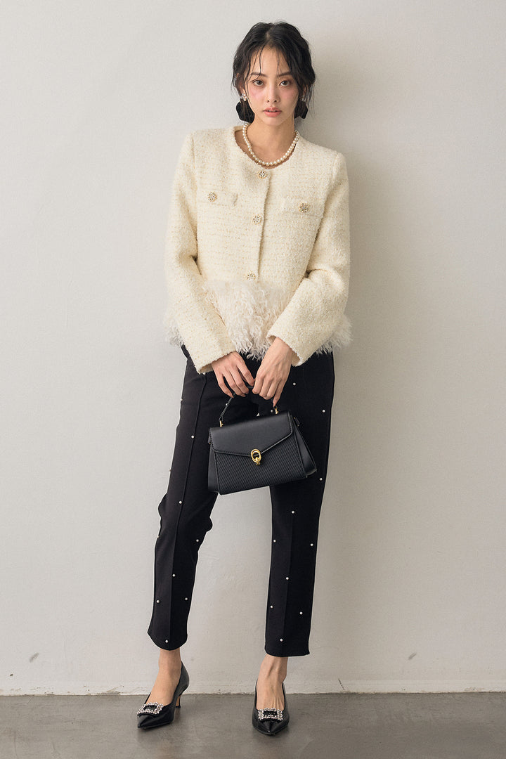 [予約/SET]中綿ツイードロングファードッキングジャケット+センターシームランダムパールパンツ(2set)