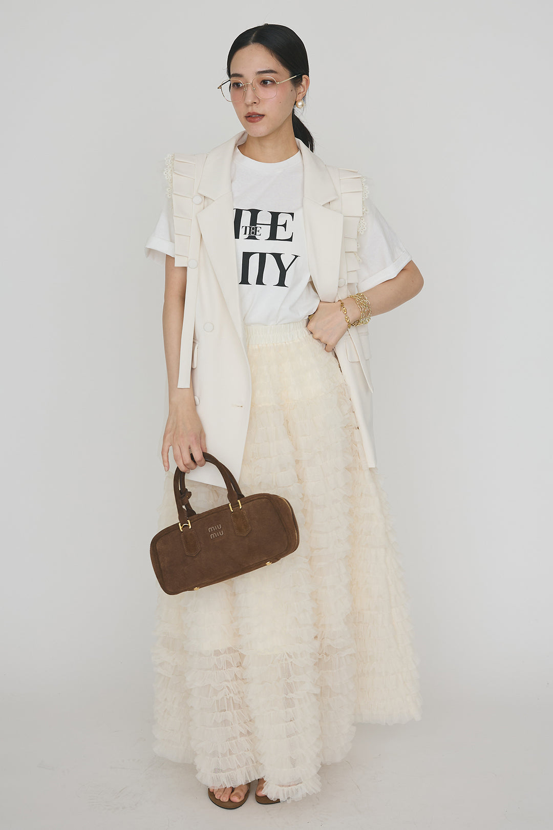 [予約/SET]フリルショルダーテーラーマニッシュベスト+ホイップチュールティアードスカート(2set)