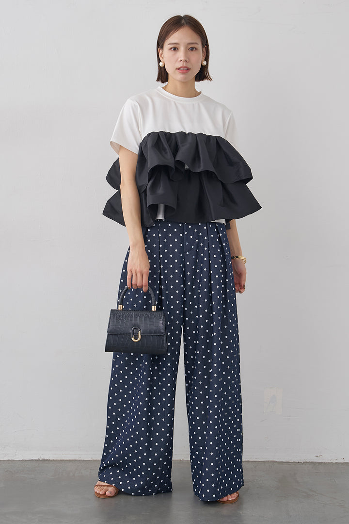 [予約/SET]ナイロンフリルドッキングTシャツ+ハイウエストドットデニムパンツ(2set)