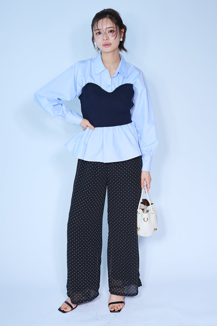 [予約/SET]ビスチェニットドッキングペプラムブラウス+シアードットリラックスパンツ(2set)
