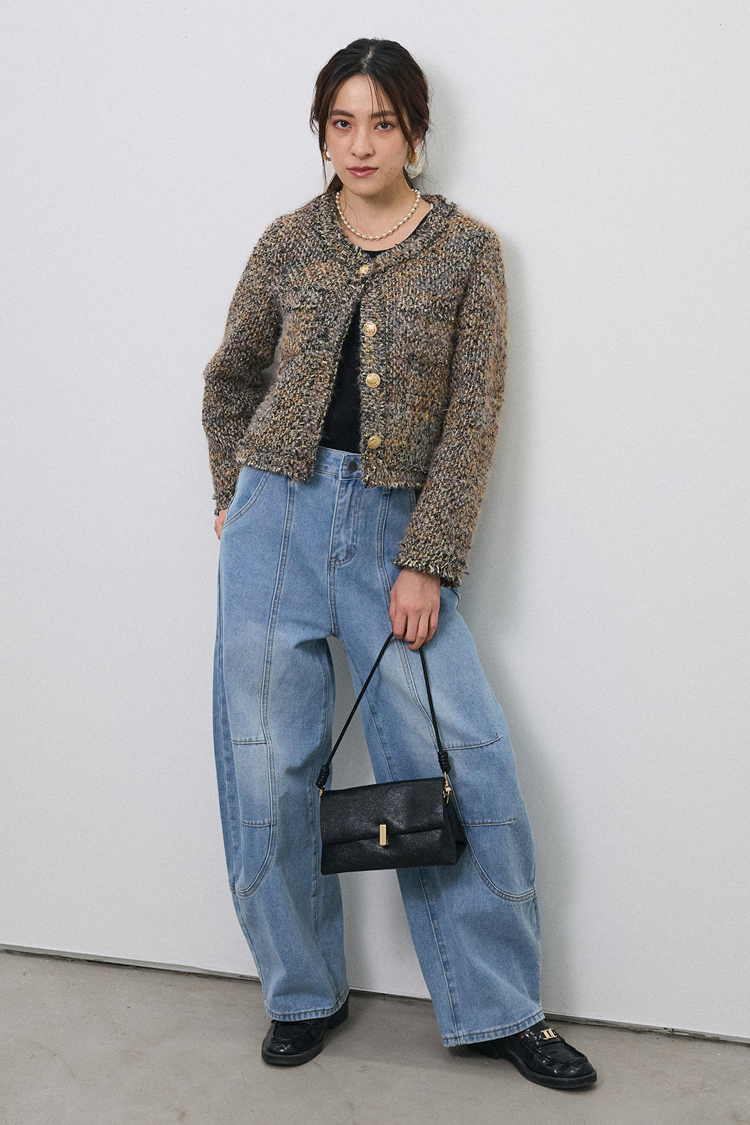 [予約/SET]カラーミックスツイードジャケット+ステッチ美ラインカーブデニムパンツ(2set)