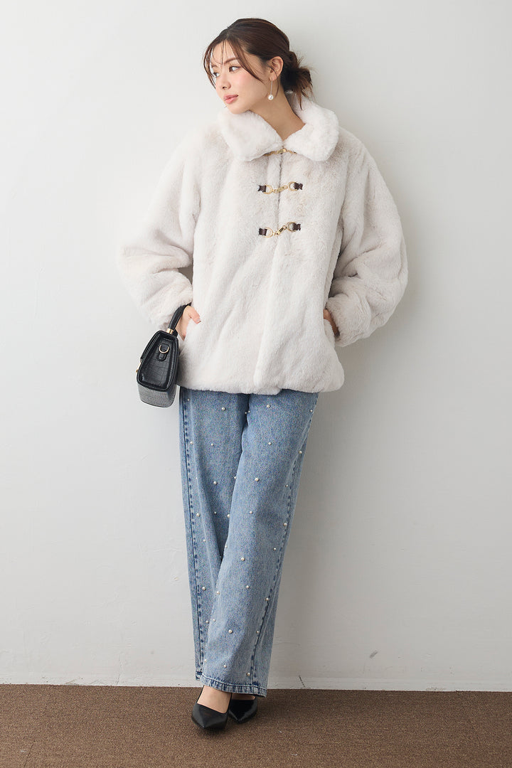 [予約/SET]ビット付きフェイクファーコート+パールスタッズストレートハイウエストデニム(2set)