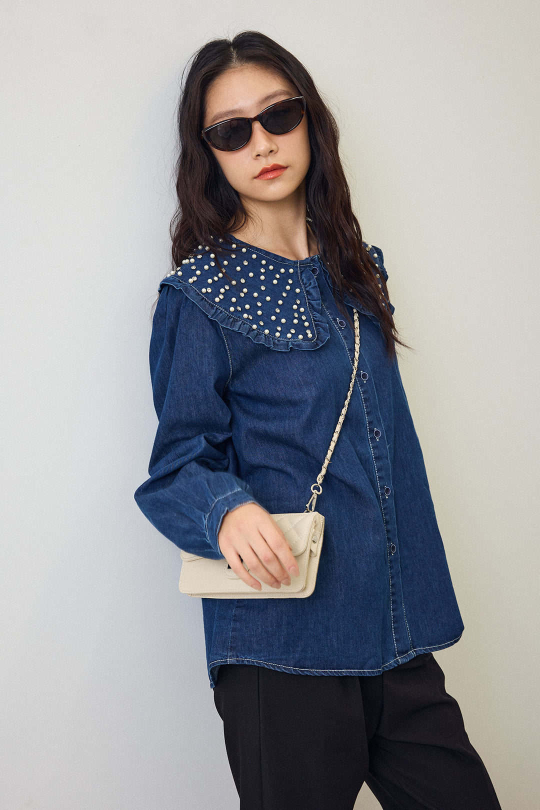 [予約/SET]パールBIGカラーデニムシャツ+タックテーパードパンツ(2set)