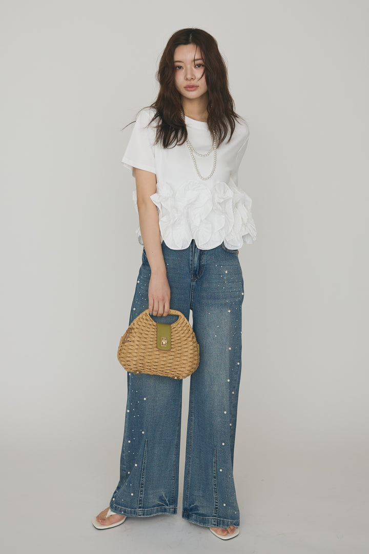[予約/SET]フリルウェーブヘムカットTシャツ+パールラインストーンハイウエストデニム(2set)