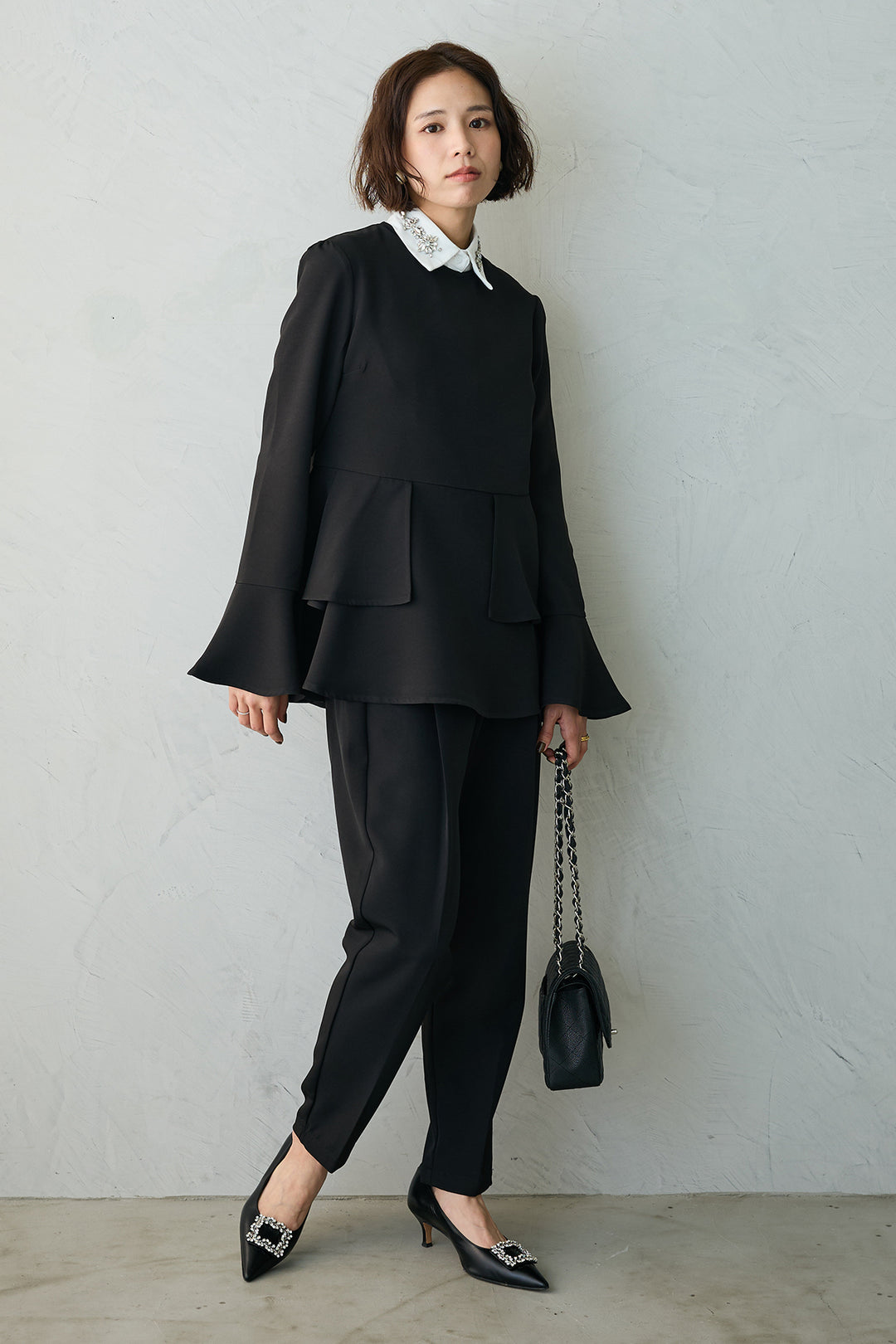 [予約]ウエストサテン切替テーパードパンツ