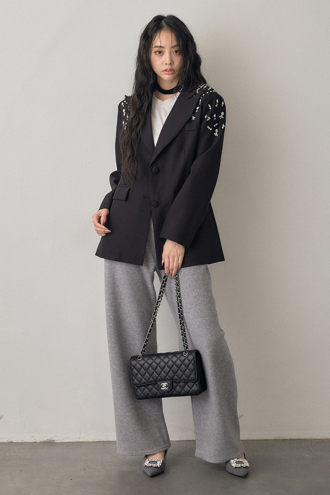 [予約/SET]ショルダービジューマニッシュジャケット+ウォームタッチイージーパンツ(2set)