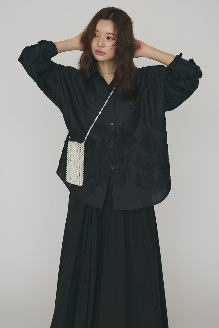 [予約/SET]フラワー刺繍モチーフオーバーシャツ+ギャザーフレア綿タッチスカート(2set)