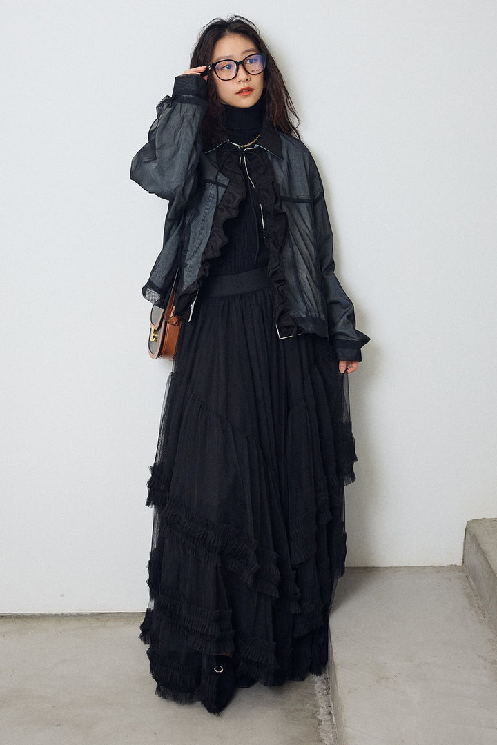 [予約/SET]デニム×チュールレイヤードフリルジャケット+フェアリードレープチュールスカート(2set)