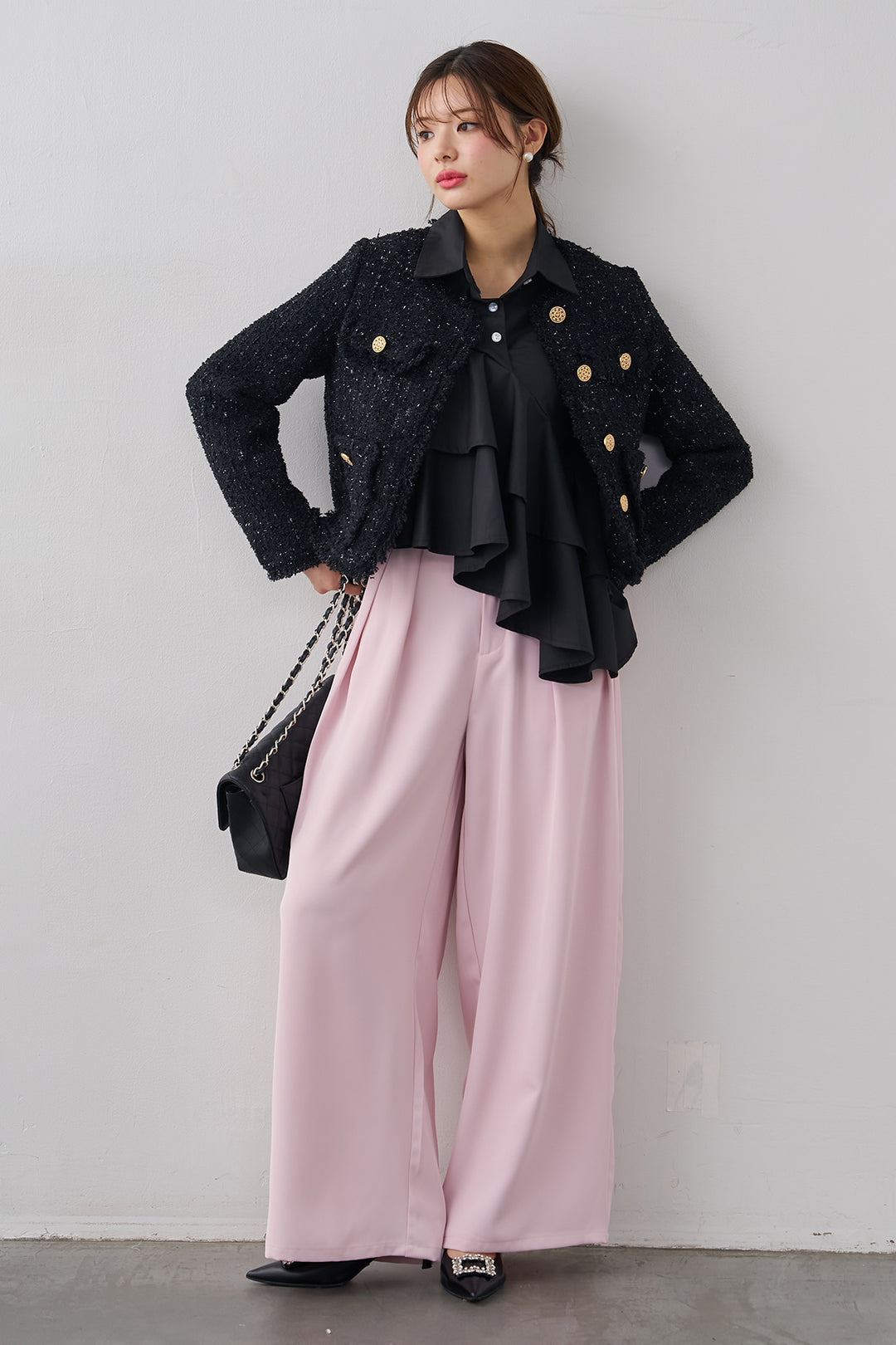 [予約/SET]フリンジツイードゴールドボタンジャケット+エステルツイルタックワイドカラーパンツ(2set)