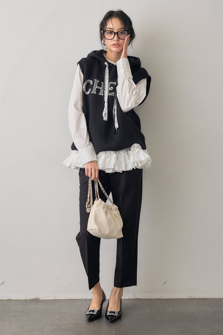 [予約/SET]レースリボンロゴフードスリーブレスニット+タックテーパードパンツ(2set)