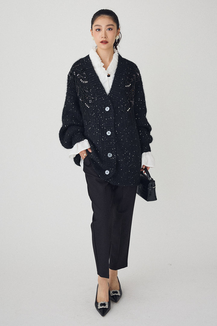 [予約/SET]ビーズフラワースパンコールシャイニーニットカーデ+タックテーパードパンツ(2set)