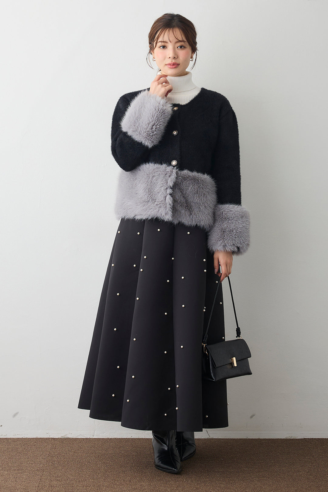 [予約/SET]配色ファードッキングコート+マルチパターンボンディングフレアスカート(2set)