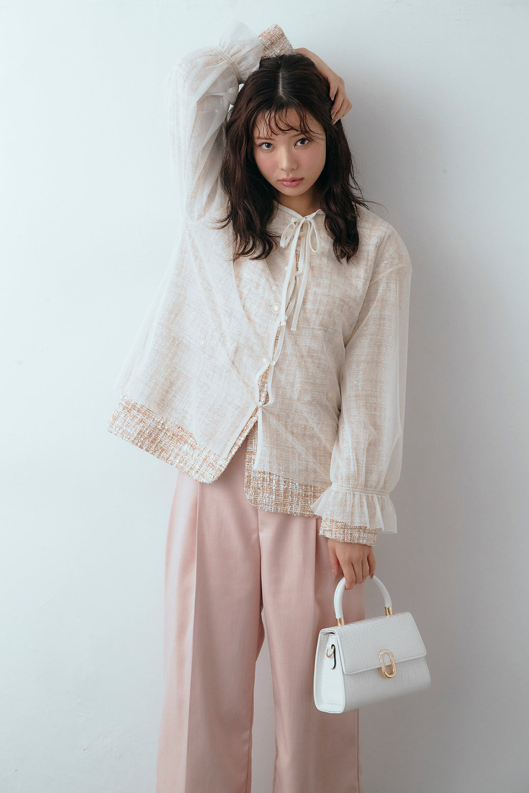 [予約/SET]2wayチュールレイヤードツイードジャケット+スプリングカラータックストレートパンツ(2set)