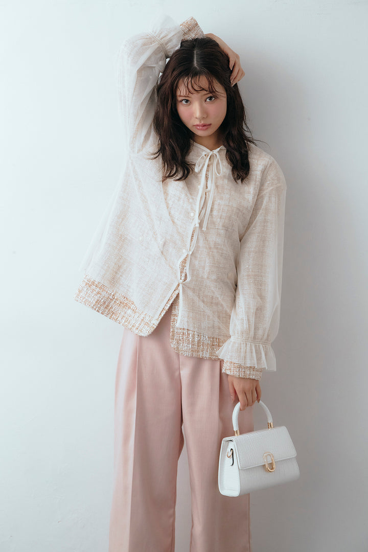 [予約/SET]2wayチュールレイヤードツイードジャケット+スプリングカラータックストレートパンツ(2set)