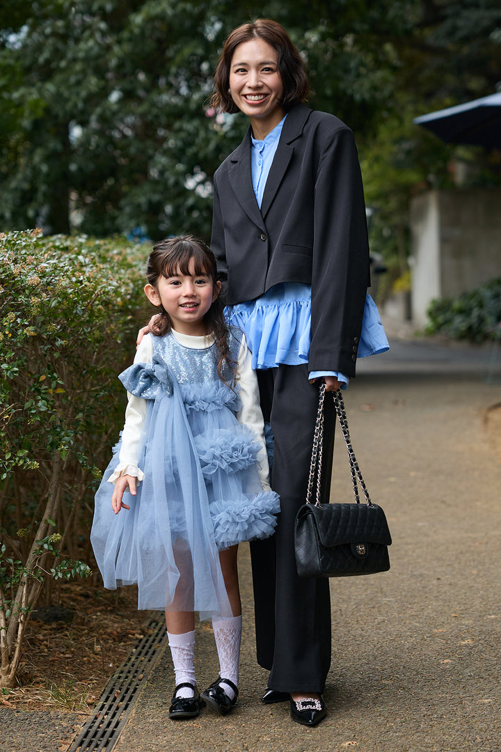 [予約/親子SET][kids]スパンコールリボンホイップチュールワンピセット+フリルヘムスリーブブラウス+クロップドマニッシュシンプルジャケット+ツイルシンプルストレートパンツ(4set)