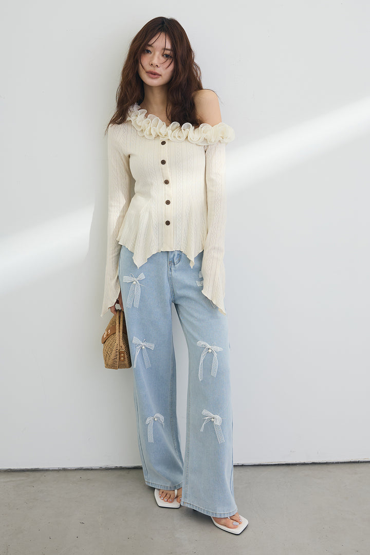 [予約/SET]フリルモチーフアシメオフショルフレアトップス+メニーリボン美ラインデニムパンツ(2set)