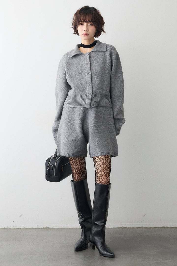 [予約/SET]メランジニットポロ襟クロップドカーデ+メランジニットショートパンツ(2set)